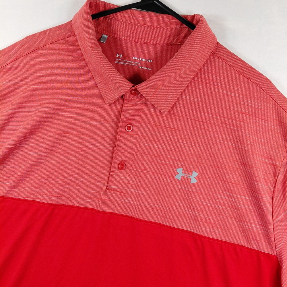 Under Armour Mens HeatGear Loose Fit Polo Golf Shirt Red Colorblock 2XL